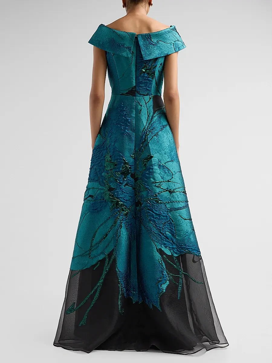 Teri Jon by Rickie Freeman Women's Floral Jacquard Organza A-Line Gown | Thumbnail 3