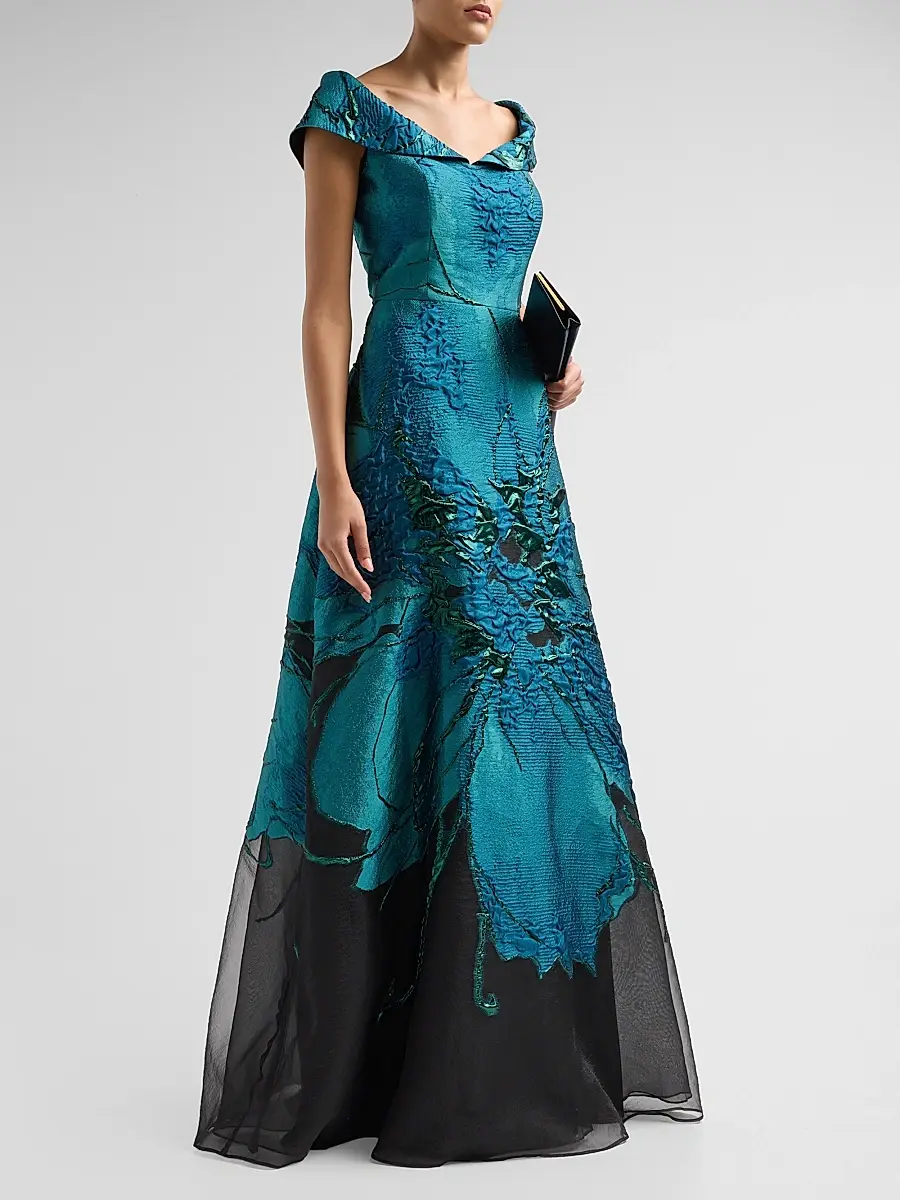 Teri Jon by Rickie Freeman Women's Floral Jacquard Organza A-Line Gown | Thumbnail 4