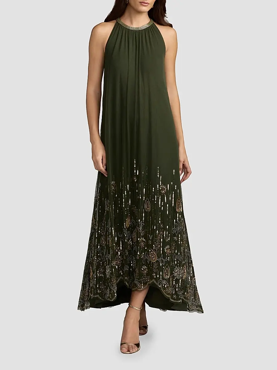 Mac Duggal Women's Sequined Pleated Halter Midi Dress | Thumbnail 2 Mac Duggal Women's Sequined Pleated Halter Midi Dress | Thumbnail 2