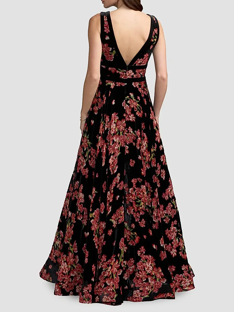Mac Duggal Women's Floral Velvet Plunging V-Neck Ball Gown | Thumbnail 3 Mac Duggal Women's Floral Velvet Plunging V-Neck Ball Gown | Thumbnail 3