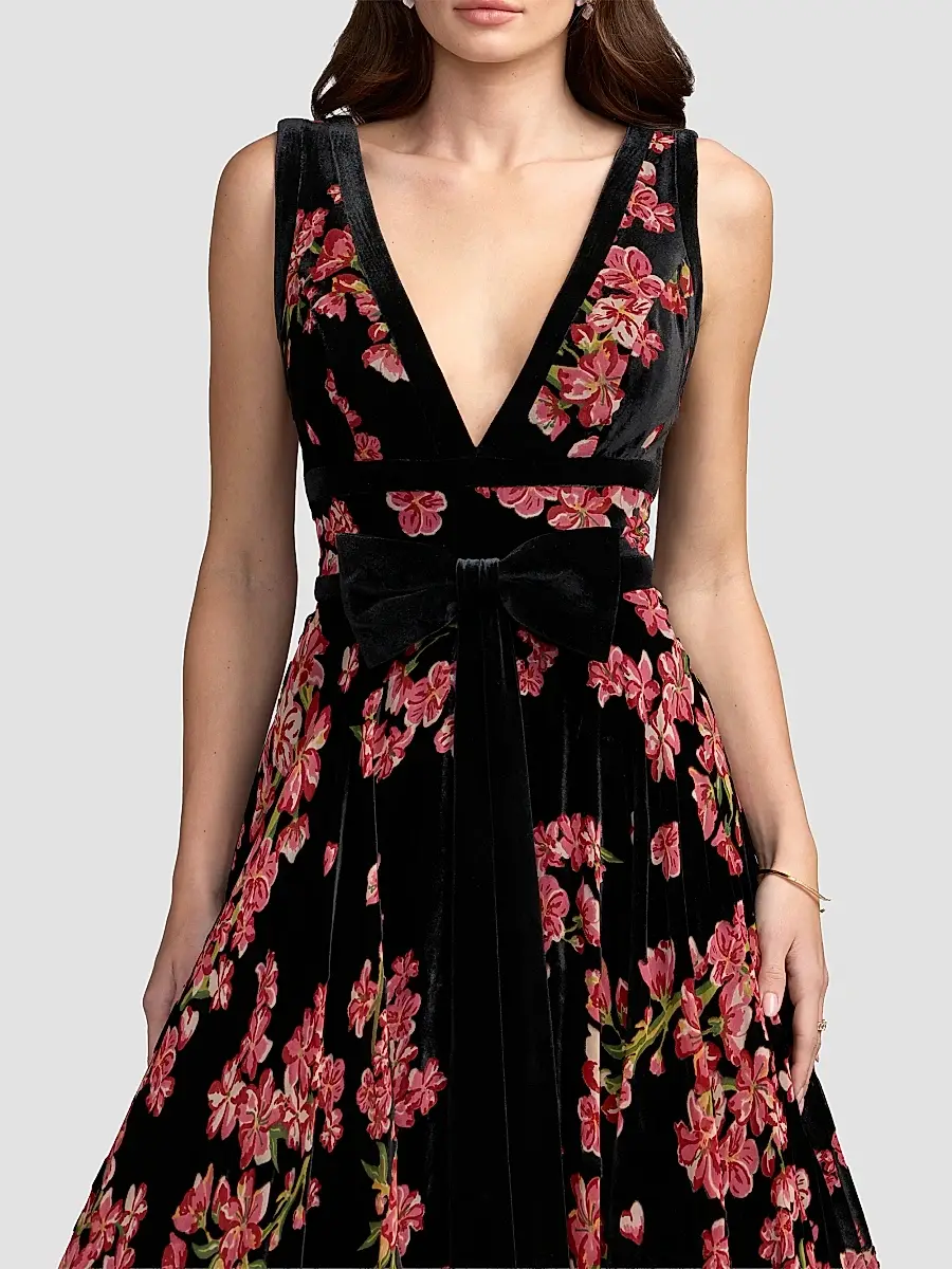 Mac Duggal Women's Floral Velvet Plunging V-Neck Ball Gown | Thumbnail 4 Mac Duggal Women's Floral Velvet Plunging V-Neck Ball Gown | Thumbnail 4