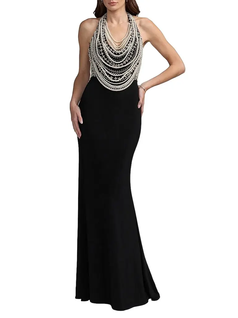 Women's Beaded Jersey Halterneck Sleeveless Gown