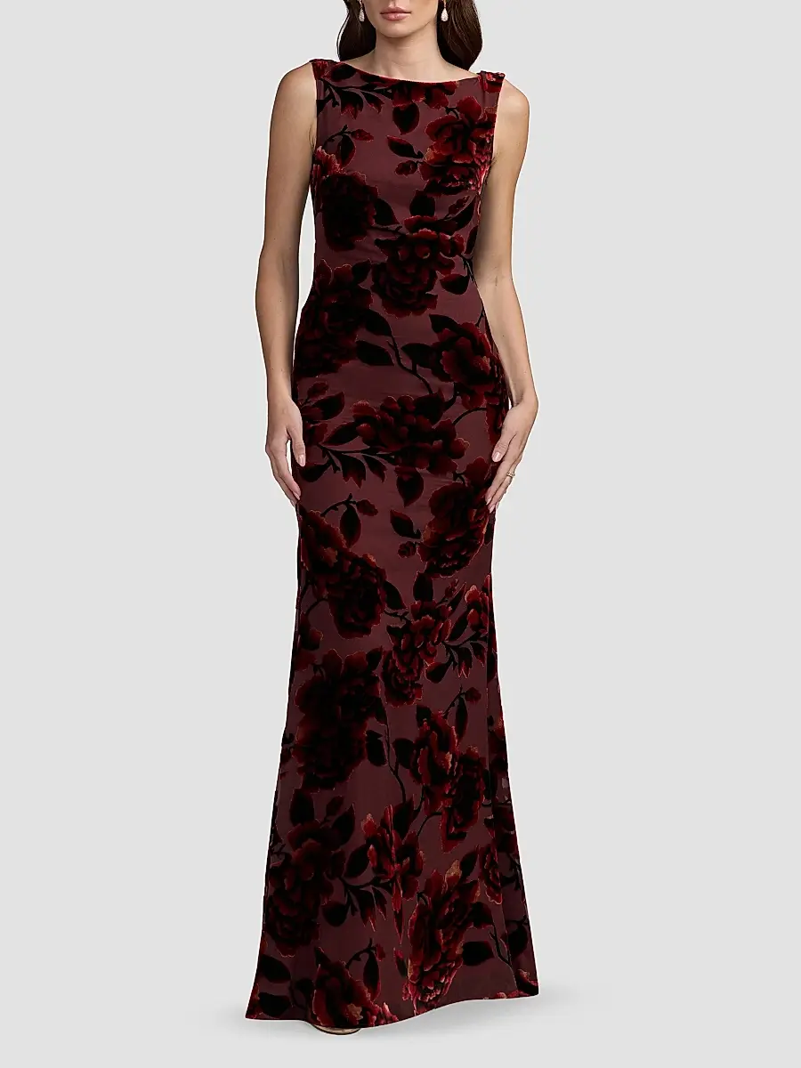 Mac Duggal Women's Floral Velvet Burnout Cowlback Gown | Thumbnail 2 Mac Duggal Women's Floral Velvet Burnout Cowlback Gown | Thumbnail 2