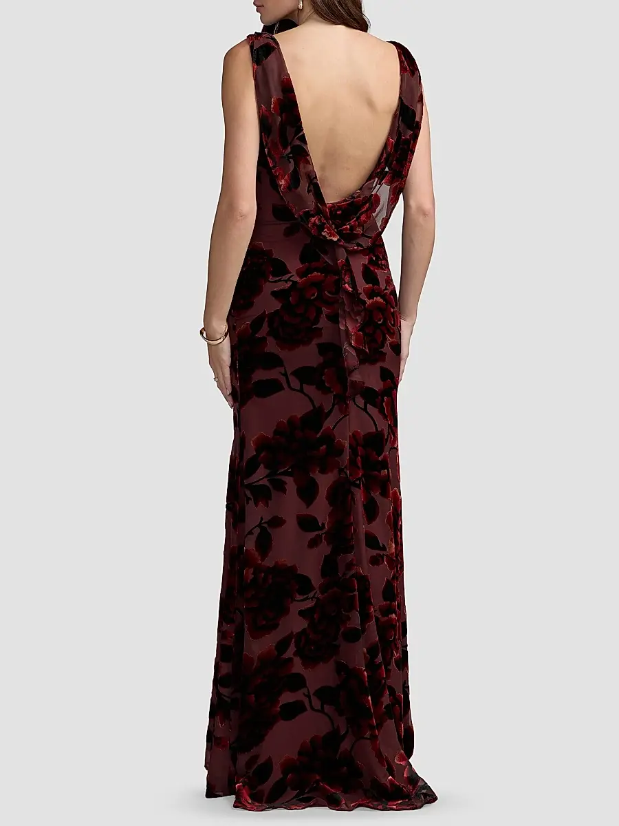 Mac Duggal Women's Floral Velvet Burnout Cowlback Gown | Thumbnail 3 Mac Duggal Women's Floral Velvet Burnout Cowlback Gown | Thumbnail 3