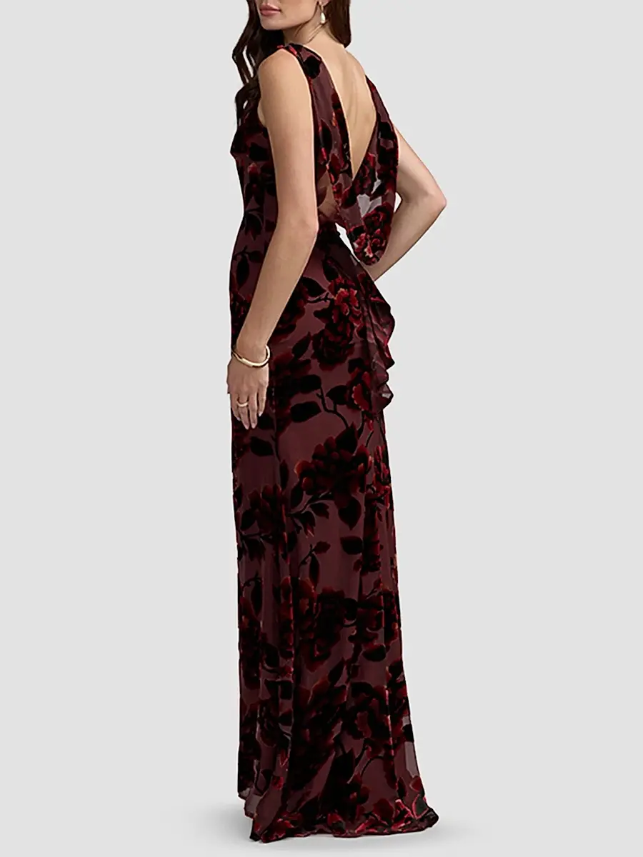 Mac Duggal Women's Floral Velvet Burnout Cowlback Gown | Thumbnail 4 Mac Duggal Women's Floral Velvet Burnout Cowlback Gown | Thumbnail 4