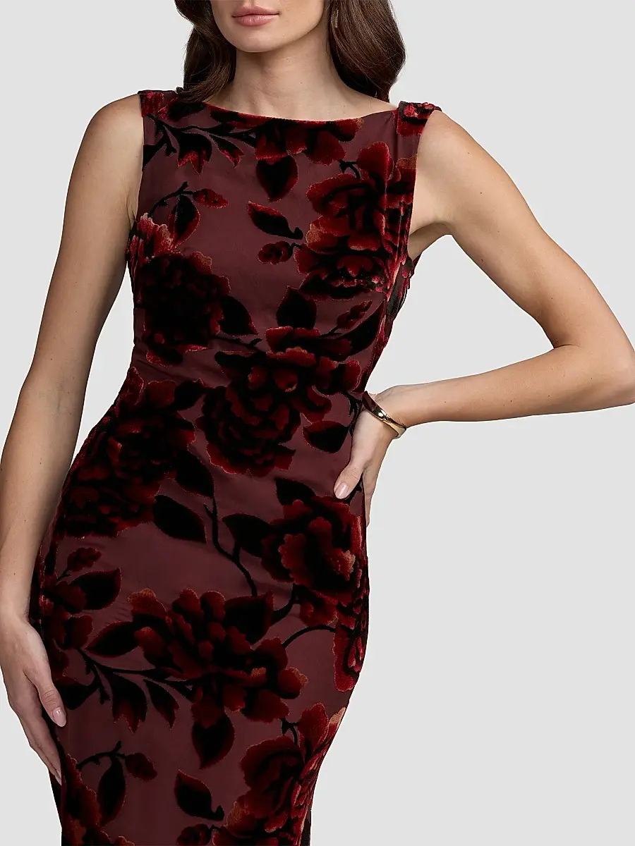 Mac Duggal Women's Floral Velvet Burnout Cowlback Gown | Thumbnail 5 Mac Duggal Women's Floral Velvet Burnout Cowlback Gown | Thumbnail 5