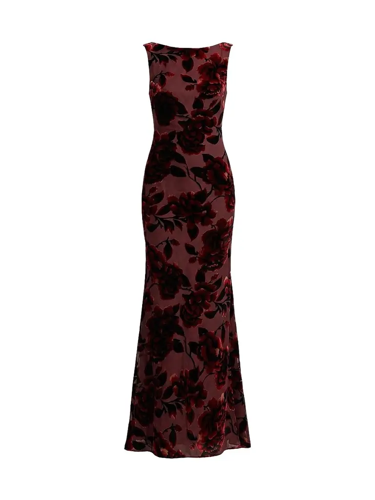 Mac Duggal Women's Floral Velvet Burnout Cowlback Gown