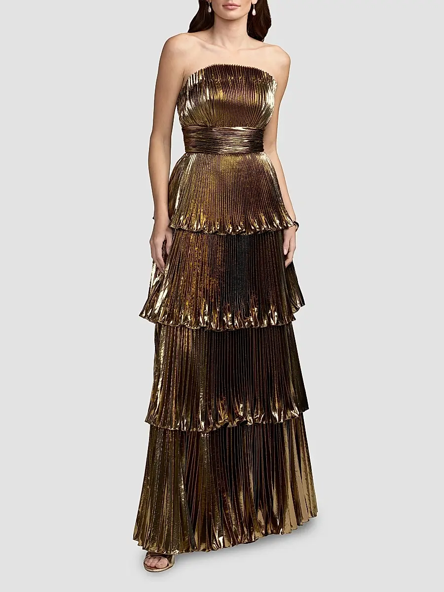 Mac Duggal Women's Metallic Pleated Strapless Tiered Gown | Thumbnail 2 Mac Duggal Women's Metallic Pleated Strapless Tiered Gown | Thumbnail 2
