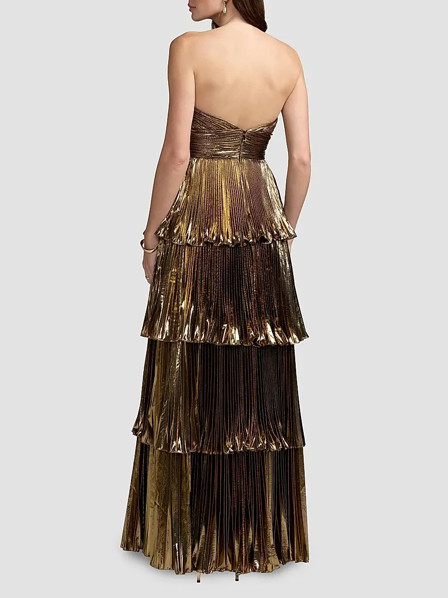 Mac Duggal Women's Metallic Pleated Strapless Tiered Gown | Thumbnail 3 Mac Duggal Women's Metallic Pleated Strapless Tiered Gown | Thumbnail 3