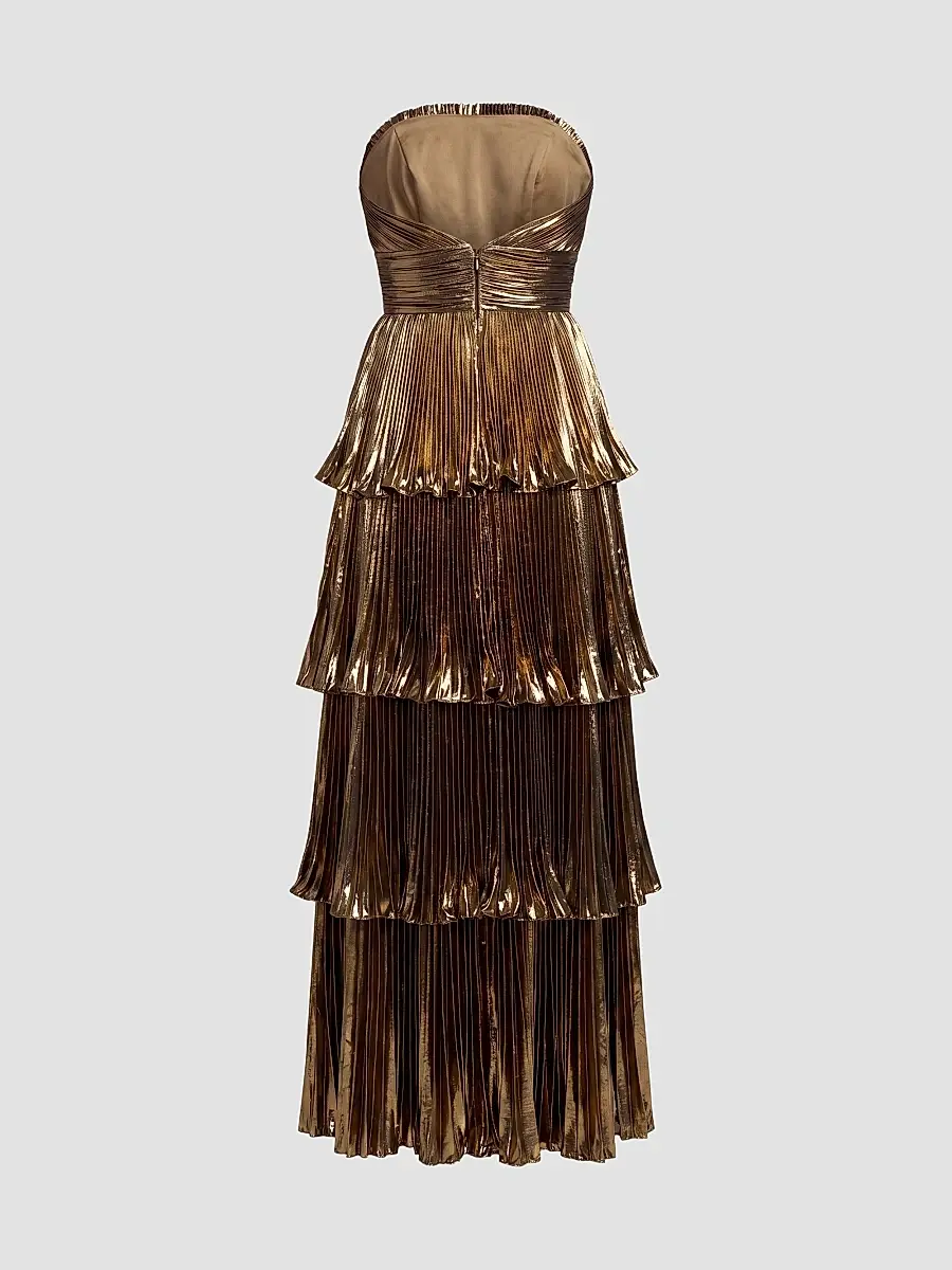 Mac Duggal Women's Metallic Pleated Strapless Tiered Gown | Thumbnail 5 Mac Duggal Women's Metallic Pleated Strapless Tiered Gown | Thumbnail 5