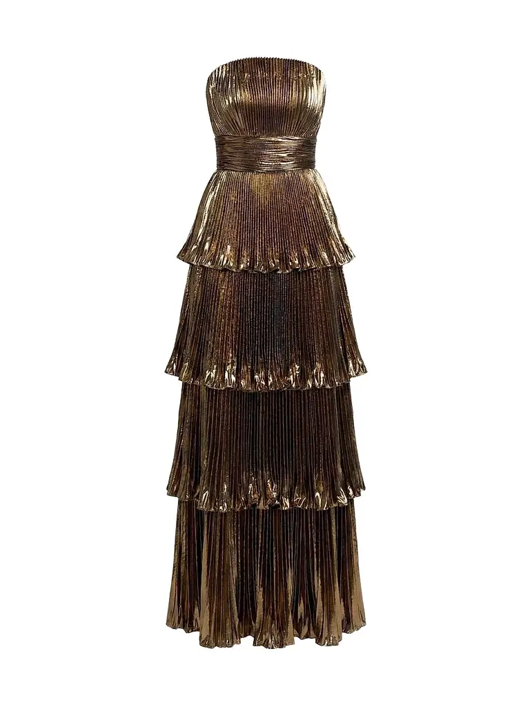 Mac Duggal Women's Metallic Pleated Strapless Tiered Gown