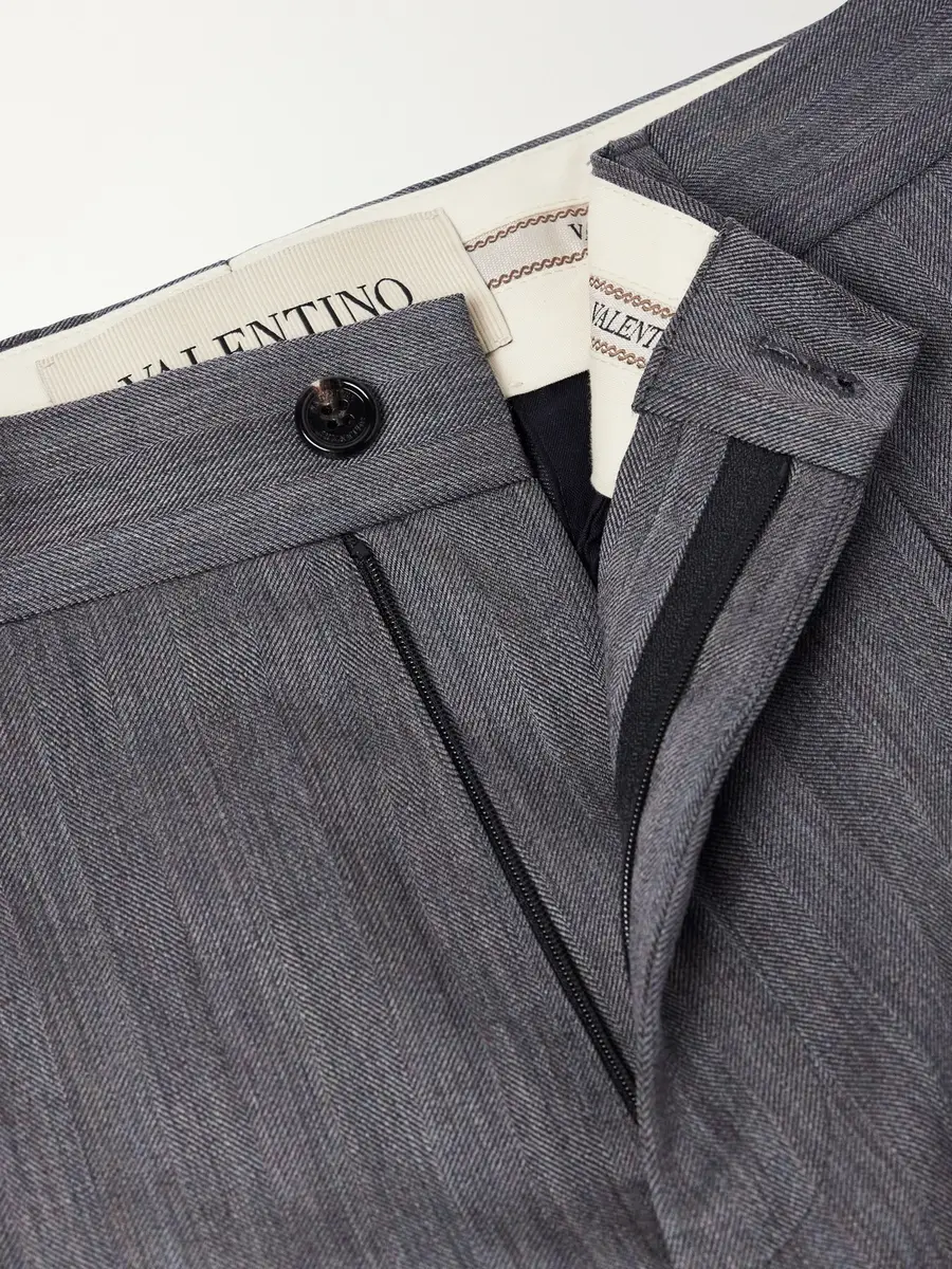 Valentino Garavani Straight-Leg Pleated Herringbone Virgin Wool Trousers - Men | Thumbnail 6