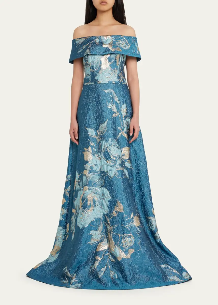 Rickie Freeman for Teri Jon Off-Shoulder Metallic Flower Jacquard Gown | Thumbnail 2