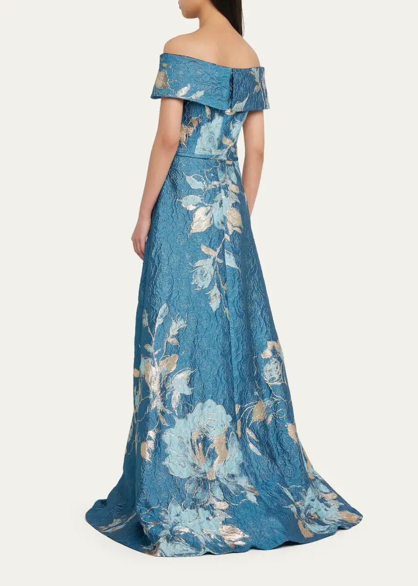 Rickie Freeman for Teri Jon Off-Shoulder Metallic Flower Jacquard Gown | Thumbnail 3