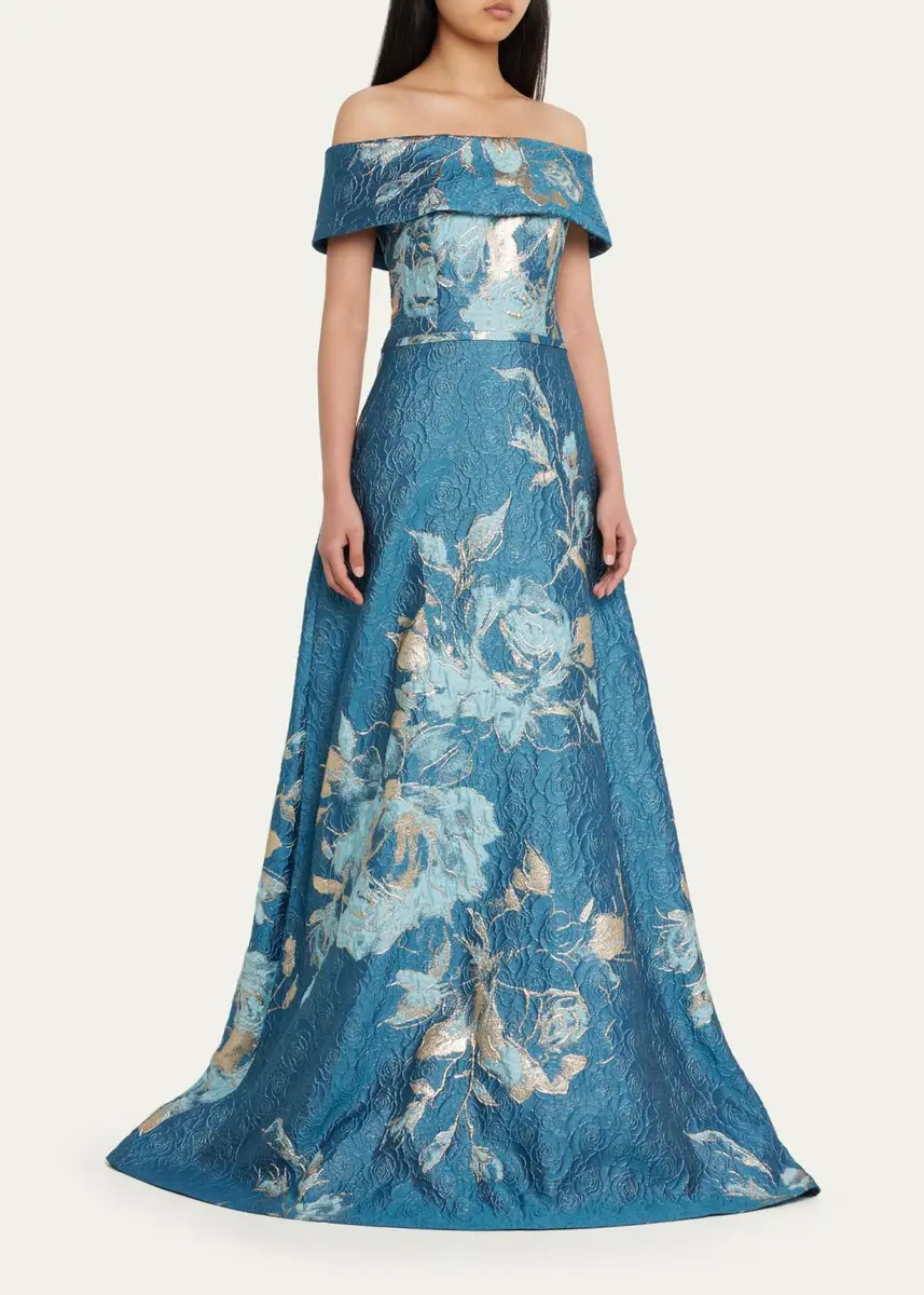 Rickie Freeman for Teri Jon Off-Shoulder Metallic Flower Jacquard Gown | Thumbnail 4