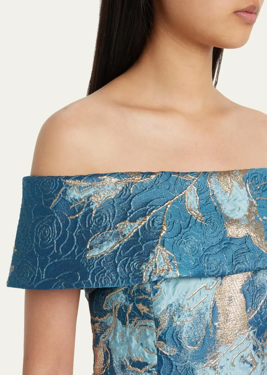 Rickie Freeman for Teri Jon Off-Shoulder Metallic Flower Jacquard Gown | Thumbnail 5