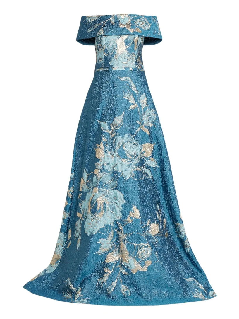 Off-Shoulder Metallic Flower Jacquard Gown Off-Shoulder Metallic Flower Jacquard Gown