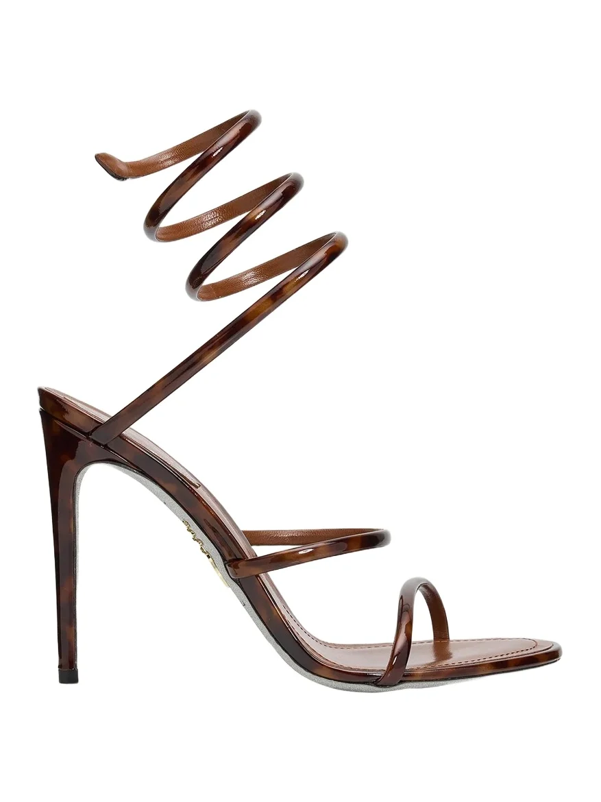 René Caovilla 105mm Cleo Tortoiseshell Patent Leather Snake-Wrap Sandals
