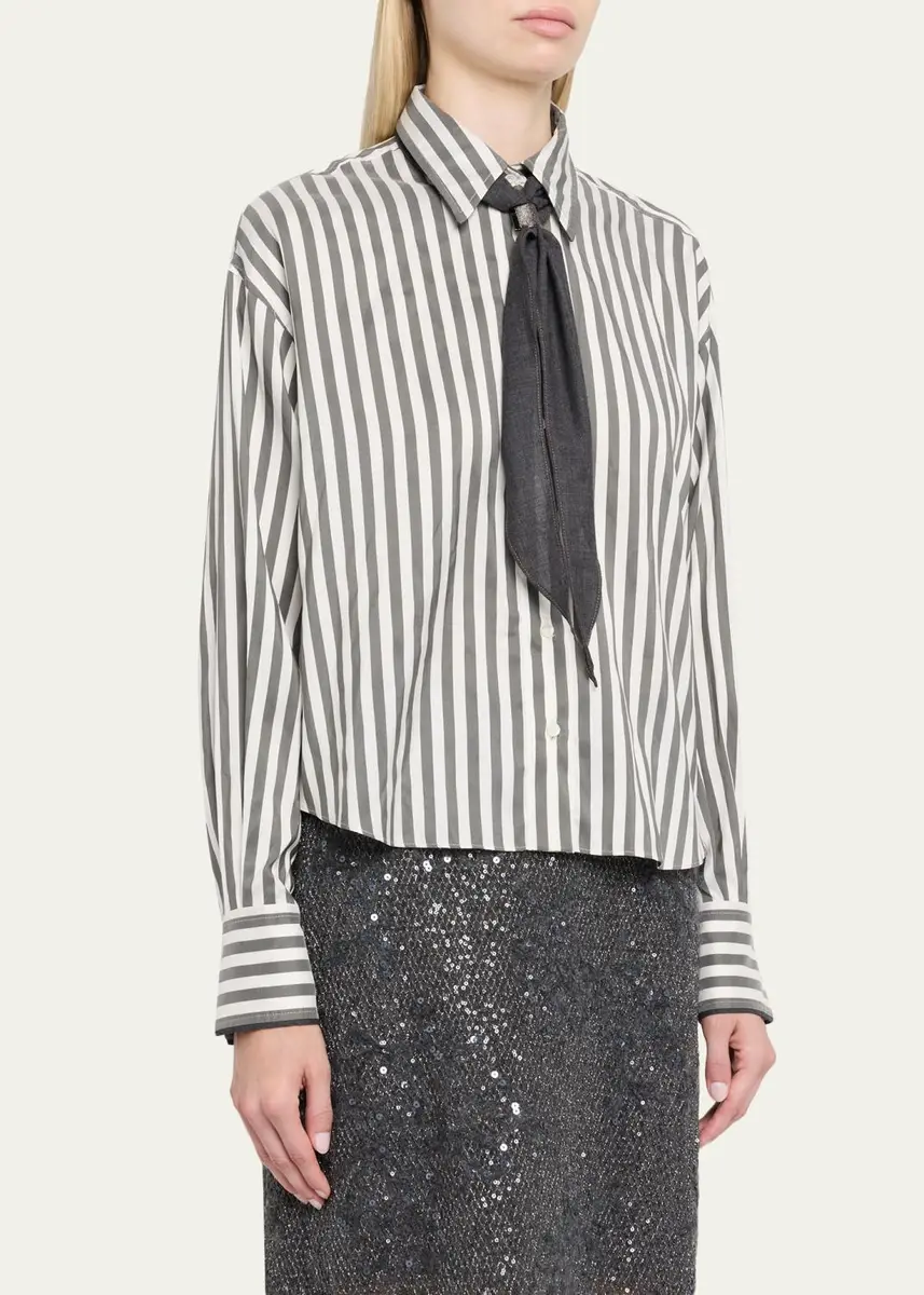 Brunello Cucinelli Wide Silk Stripe Button-Down Shirt | Thumbnail 4