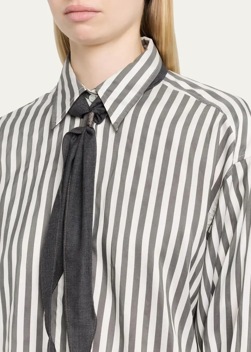 Brunello Cucinelli Wide Silk Stripe Button-Down Shirt | Thumbnail 5