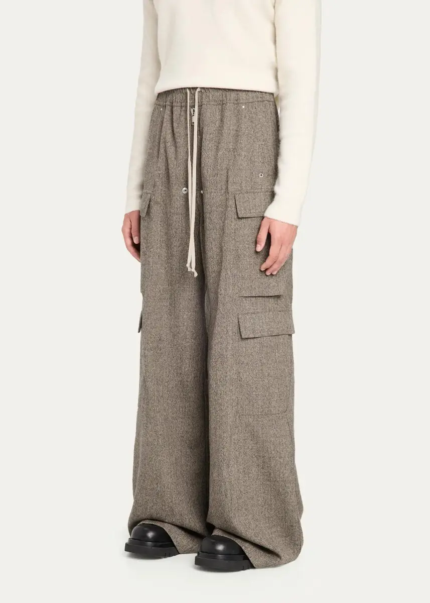 Rick Owens Men's Melange Wool Wide-Leg Drawstring Cargo Pants | Thumbnail 4 Rick Owens Men's Melange Wool Wide-Leg Drawstring Cargo Pants | Thumbnail 4