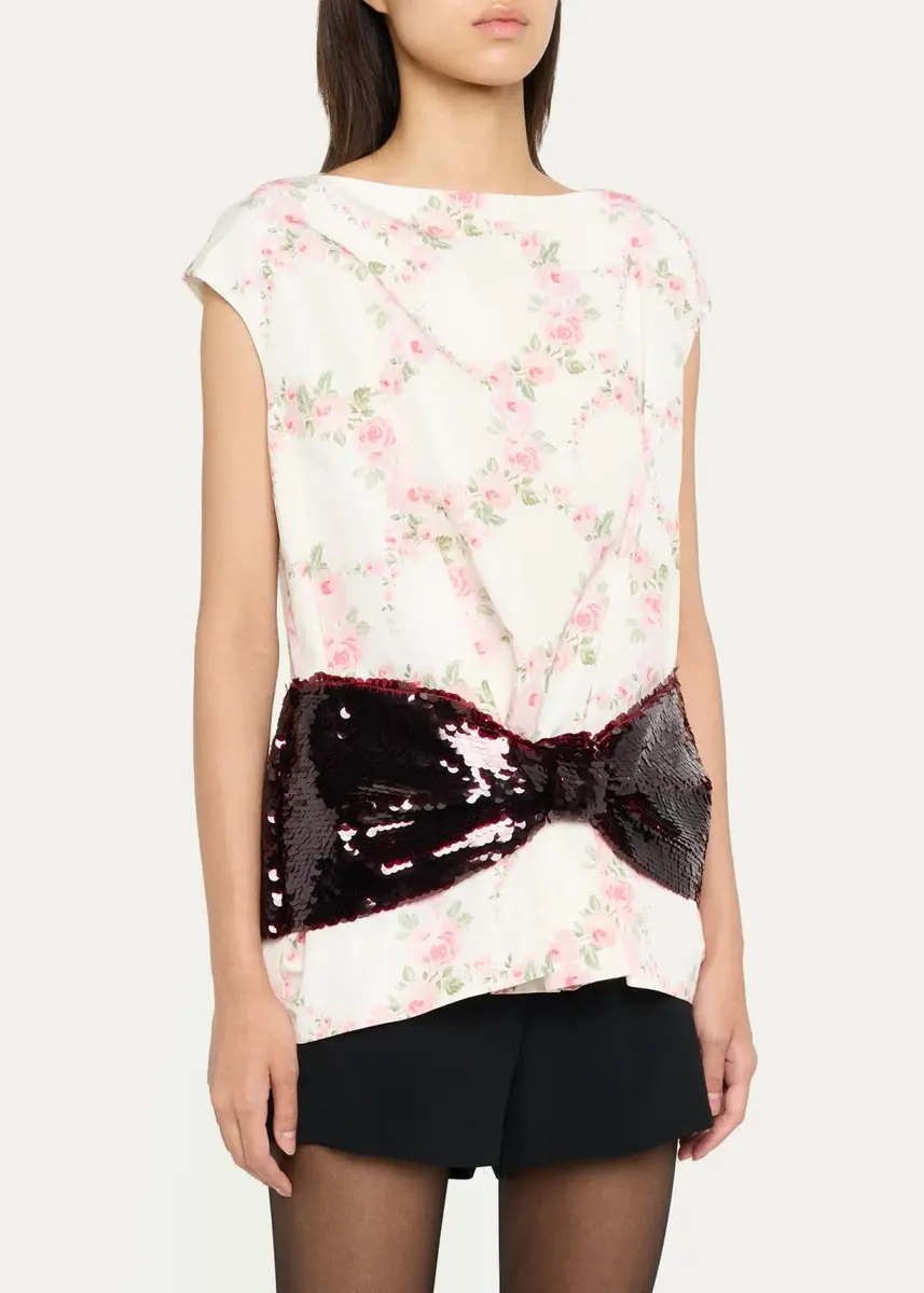 Simone Rocha Boxy Floral Satin Sequined Bow Peplum Top | Thumbnail 4
