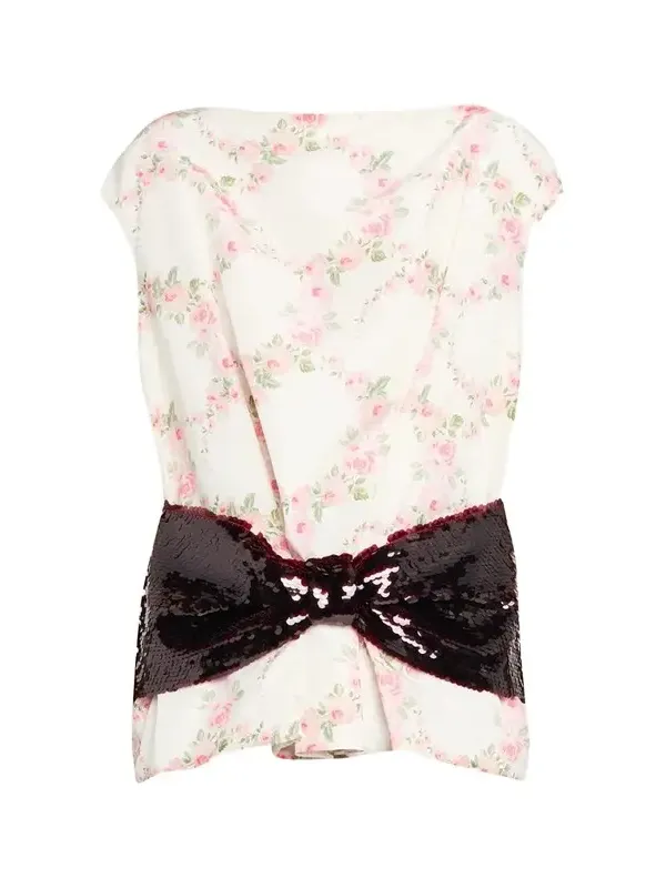 Simone Rocha Boxy Floral Satin Sequined Bow Peplum Top