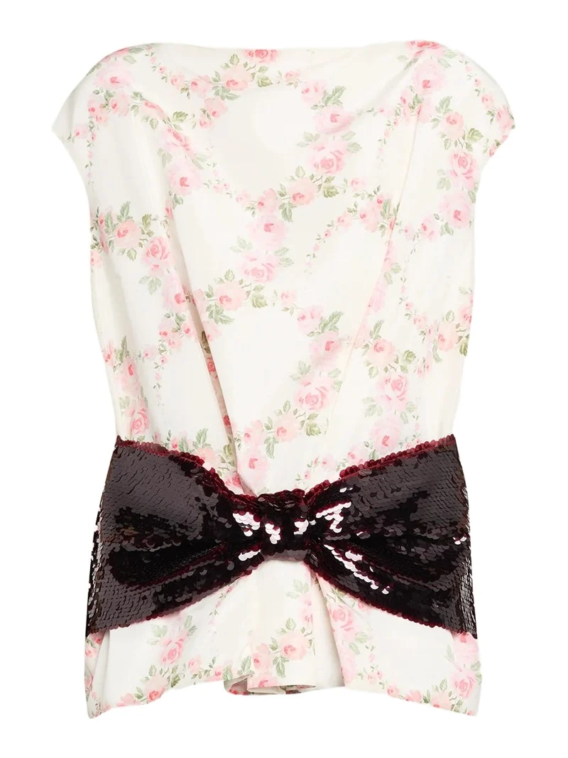 Simone Rocha Boxy Floral Satin Sequined Bow Peplum Top