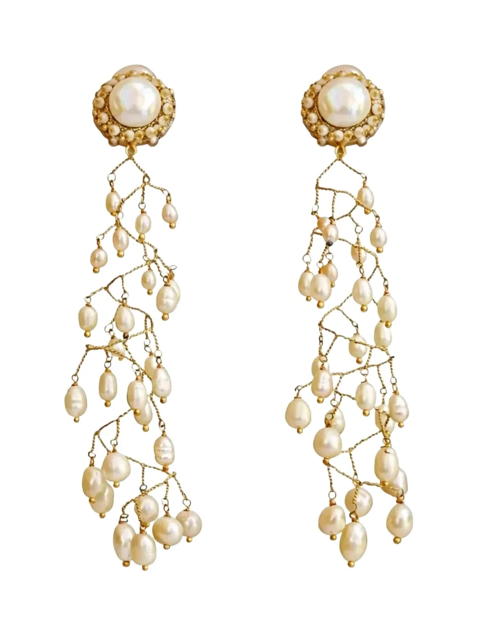 RANJANA KHAN Pearl Twirl 14K Yellow Gold Plated Clip-On Chandelier Earrings