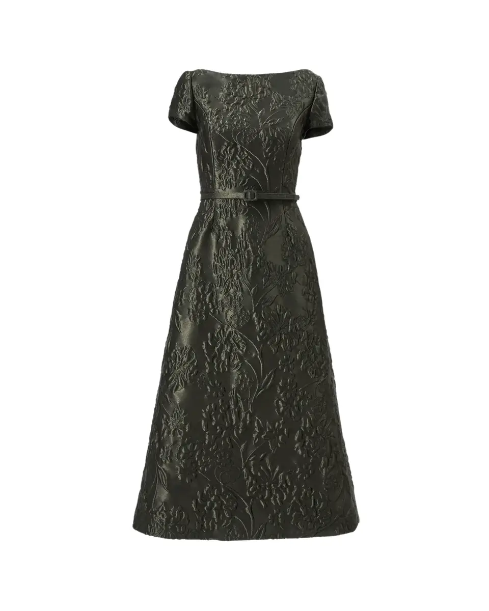 Carolina Herrera Boat-Neck Floral Textured Jacquard Belted Midi Dress | Thumbnail 2 Carolina Herrera Boat-Neck Floral Textured Jacquard Belted Midi Dress | Thumbnail 2