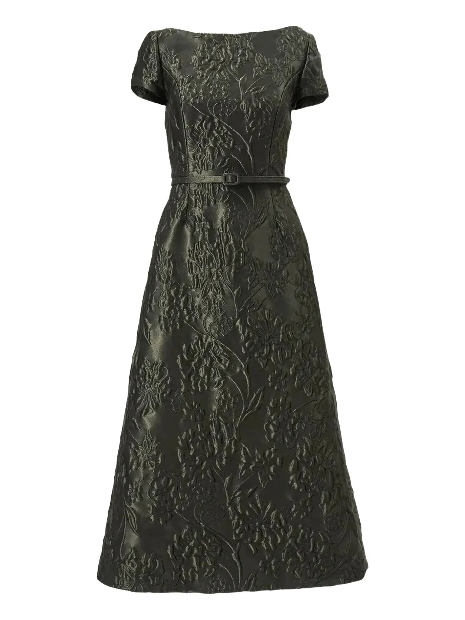 Carolina Herrera Boat-Neck Floral Textured Jacquard Belted Midi Dress