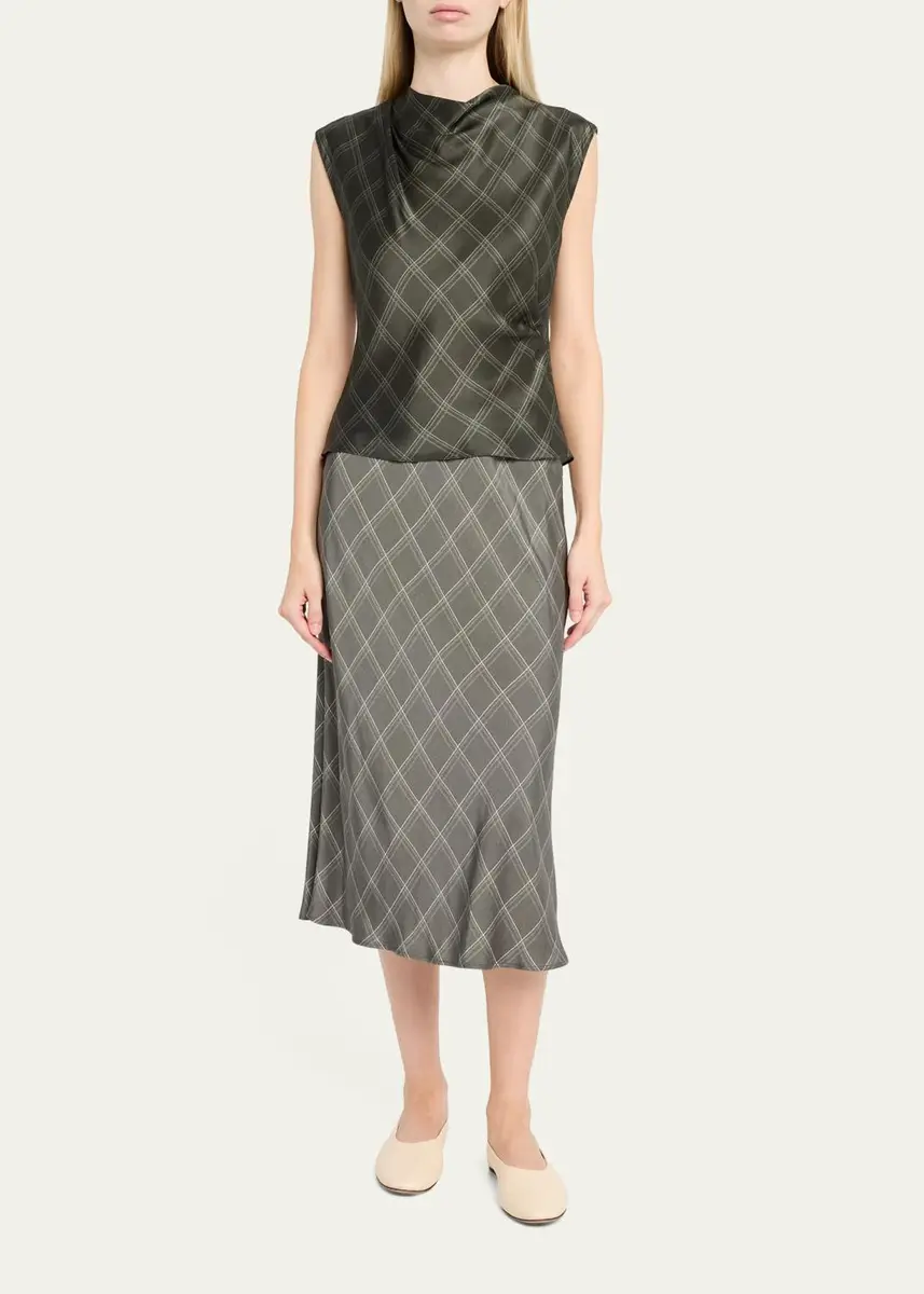 Vince Diamond Plaid Silk Cowl-Neck Top | Thumbnail 2 Vince Diamond Plaid Silk Cowl-Neck Top | Thumbnail 2