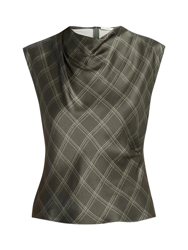 Vince Diamond Plaid Silk Cowl-Neck Top