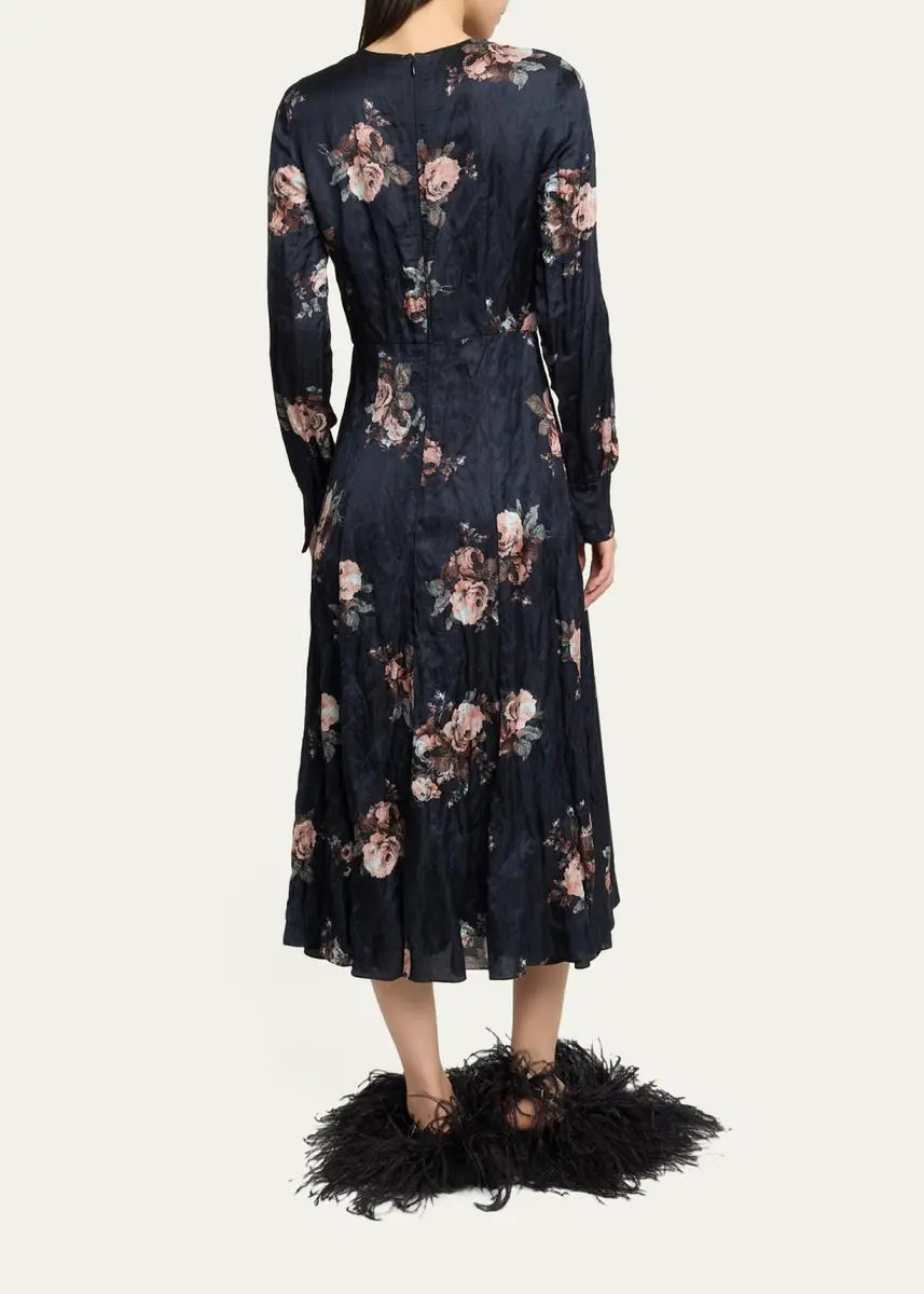 Erdem Floral Crushed Satin Crewneck Midi Dress | Thumbnail 3