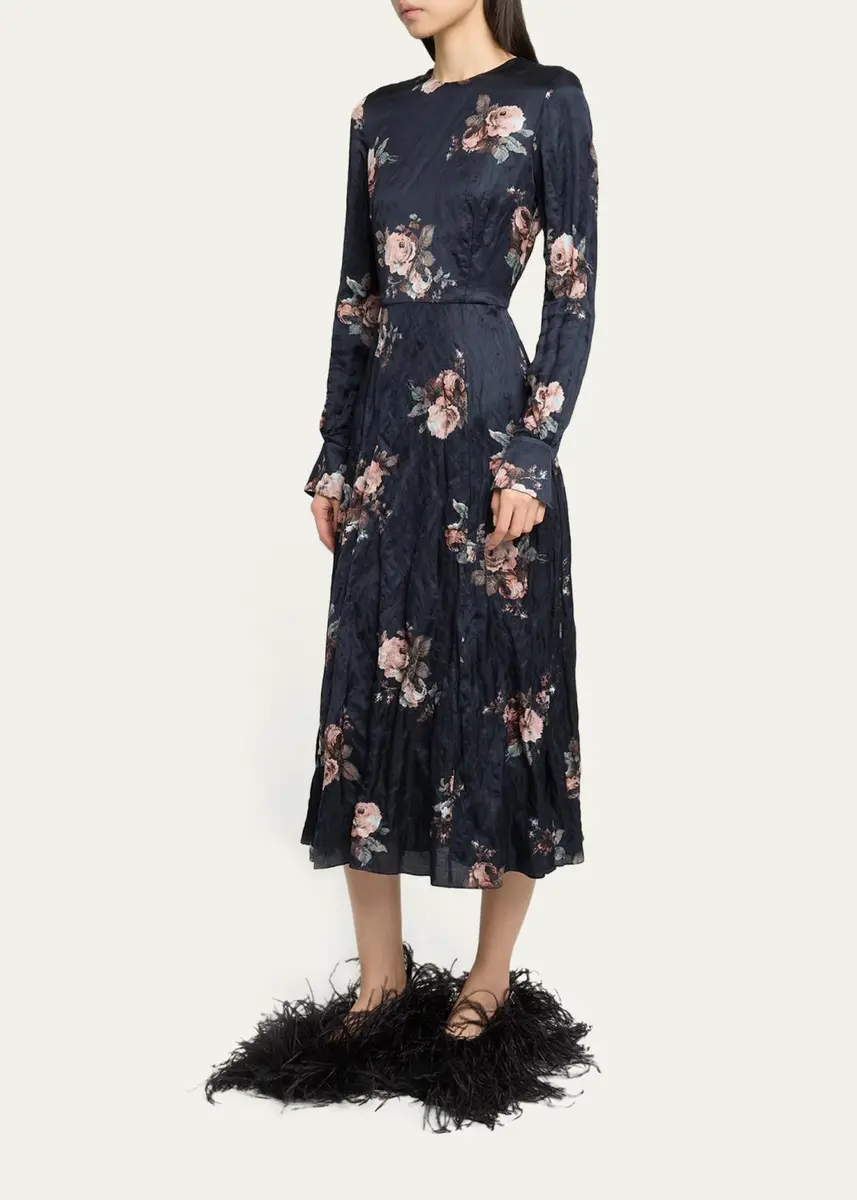 Erdem Floral Crushed Satin Crewneck Midi Dress | Thumbnail 4