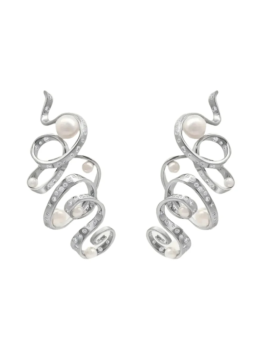 Ruban 18K White Gold Diamond and Pearl Drop Earrings