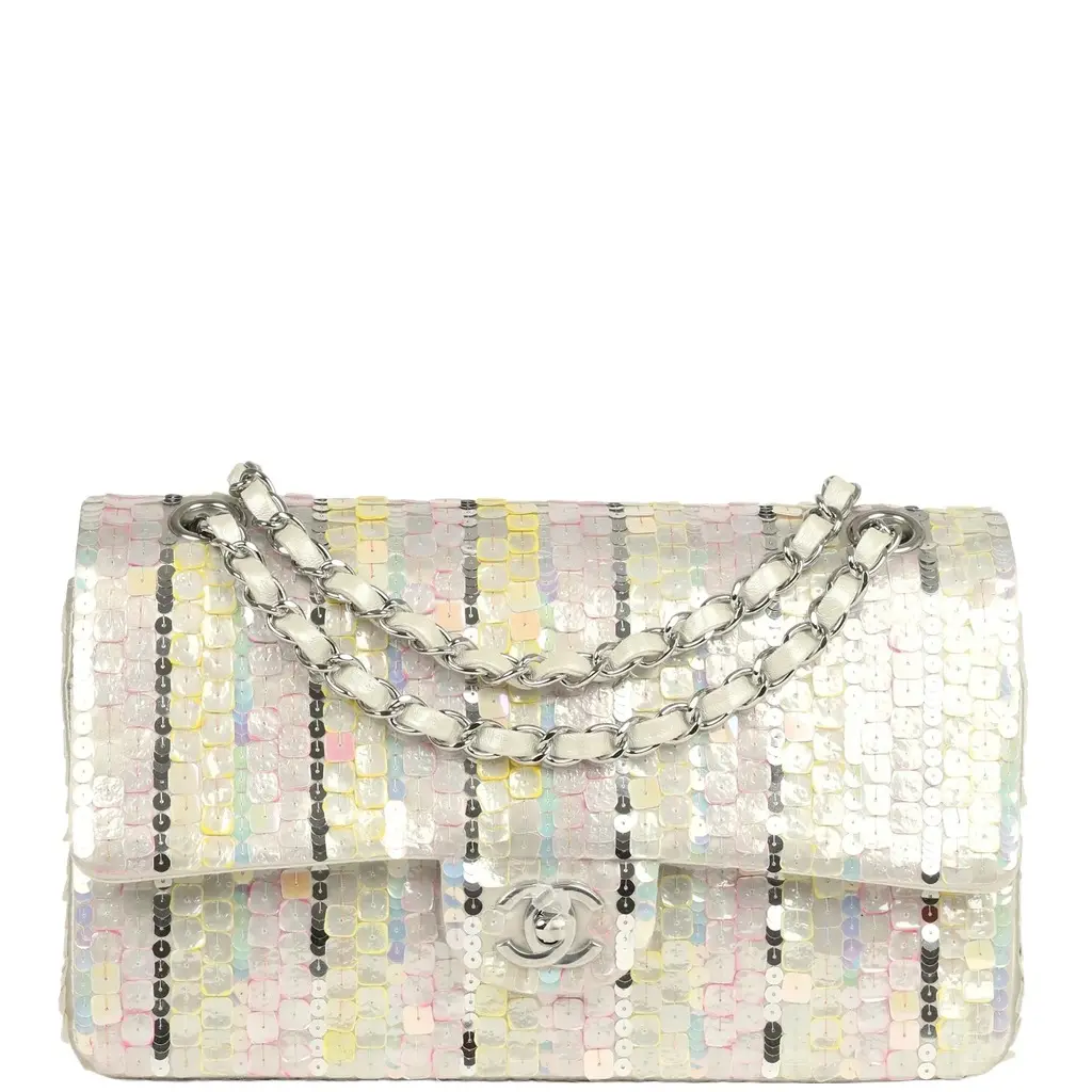 Chanel Pre-owned Chanel Medium Sequin Classic Double Flap Bag Light Grey, Pink, Yellow Embroidered Satin Silver Hardware | Image 1 Chanel Pre-owned Chanel Medium Sequin Classic Double Flap Bag Light Grey, Pink, Yellow Embroidered Satin Silver Hardware | Image 1