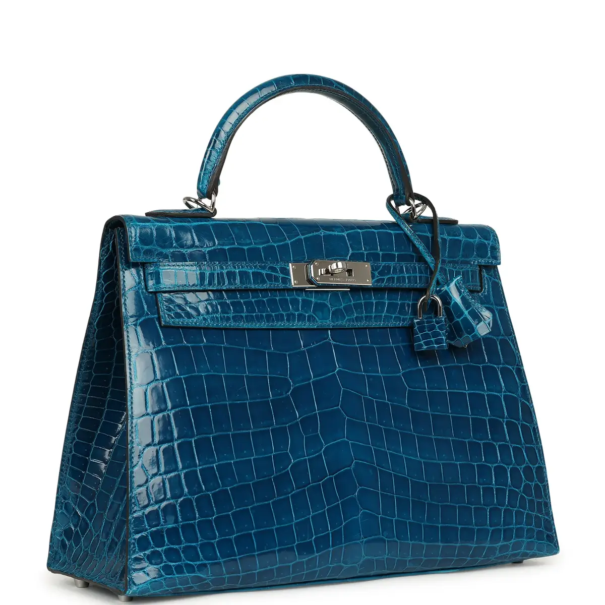 HERMÈS Pre-owned Hermes Kelly Sellier 32 Bleu Izmir Shiny Niloticus Crocodile Palladium Hardware | Thumbnail 2 HERMÈS Pre-owned Hermes Kelly Sellier 32 Bleu Izmir Shiny Niloticus Crocodile Palladium Hardware | Thumbnail 2