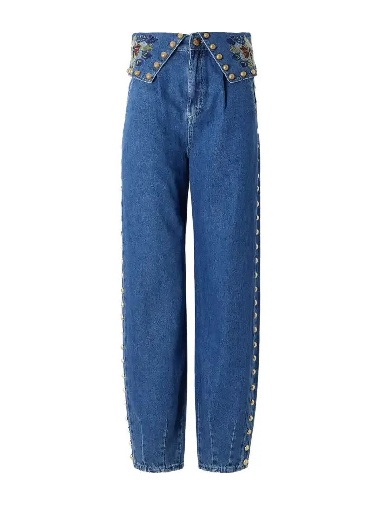 Farm Rio Studded Embroidered Mid-rise Straight-leg Jeans