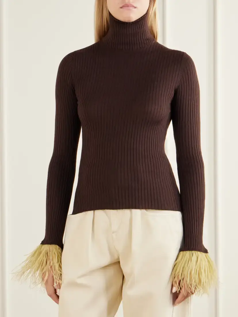 La DoubleJ Feathers-trimmed Ribbed Cashmere And Silk-blend Turtleneck Sweater | Thumbnail 3 La DoubleJ Feathers-trimmed Ribbed Cashmere And Silk-blend Turtleneck Sweater | Thumbnail 3