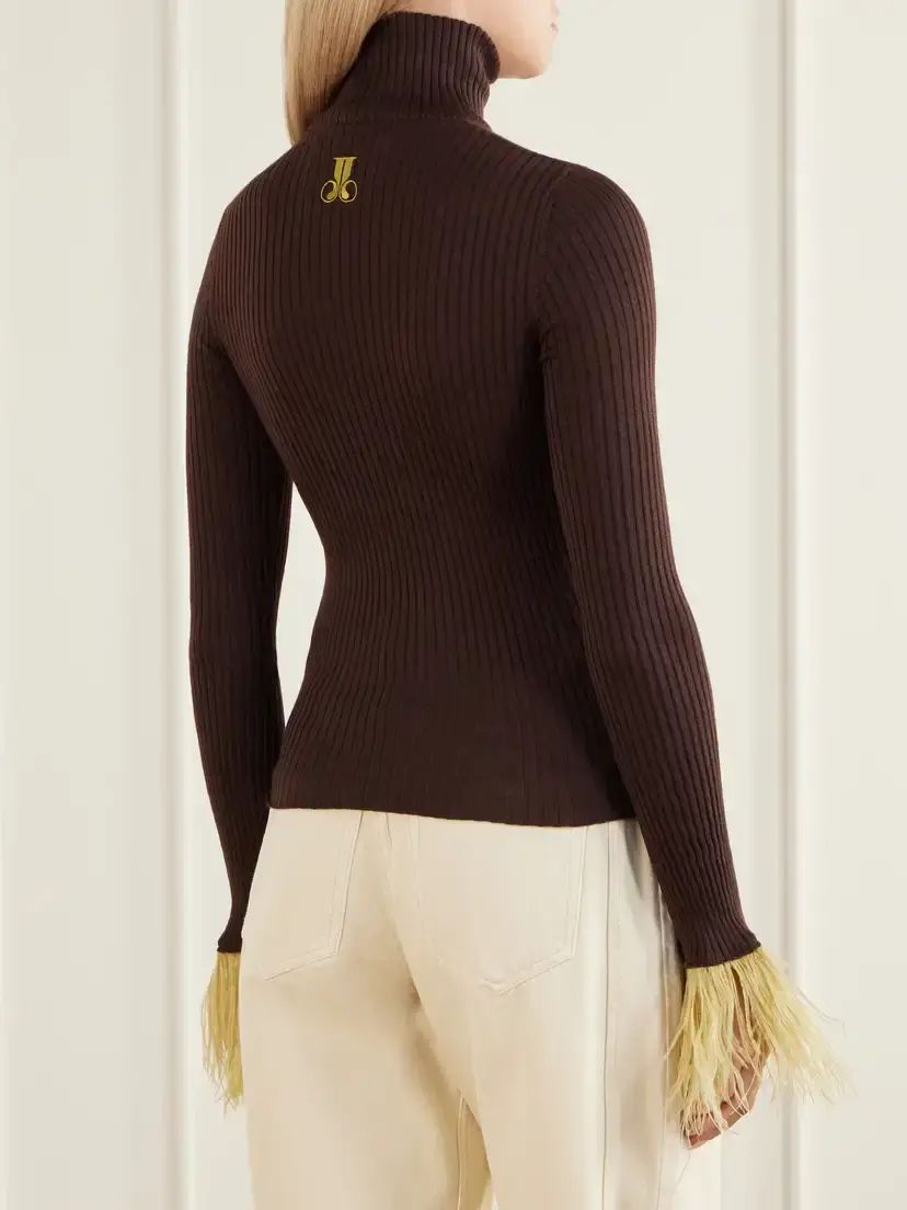 La DoubleJ Feathers-trimmed Ribbed Cashmere And Silk-blend Turtleneck Sweater | Thumbnail 4 La DoubleJ Feathers-trimmed Ribbed Cashmere And Silk-blend Turtleneck Sweater | Thumbnail 4