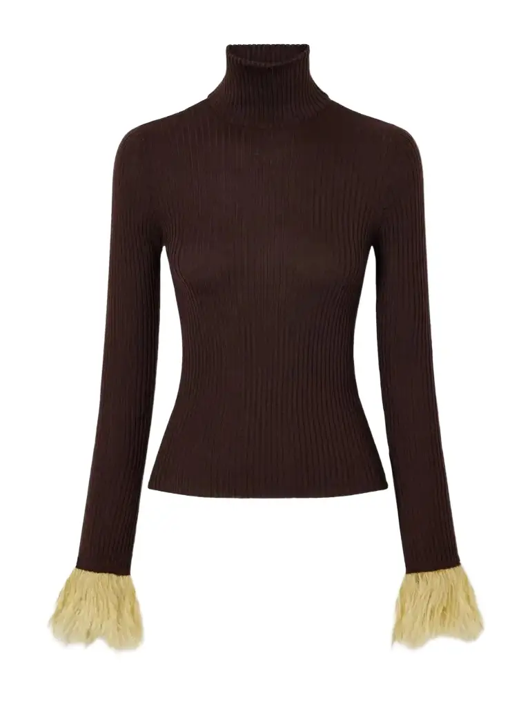 Feathers-trimmed Ribbed Cashmere And Silk-blend Turtleneck Sweater