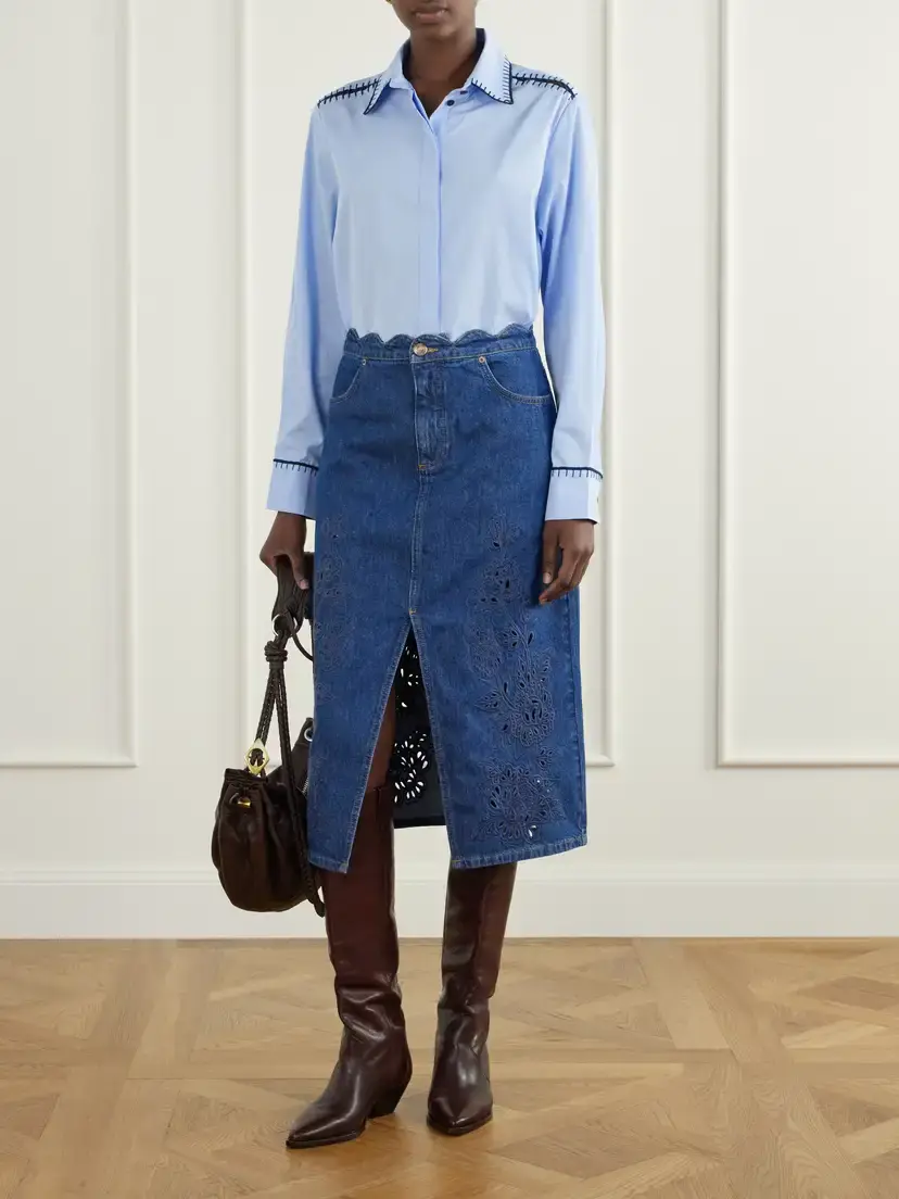 Farm Rio Scalloped Richilieu Denim Midi Skirt | Thumbnail 2 Farm Rio Scalloped Richilieu Denim Midi Skirt | Thumbnail 2