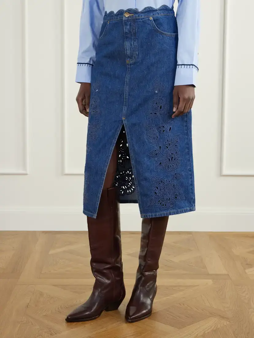 Farm Rio Scalloped Richilieu Denim Midi Skirt | Thumbnail 3 Farm Rio Scalloped Richilieu Denim Midi Skirt | Thumbnail 3