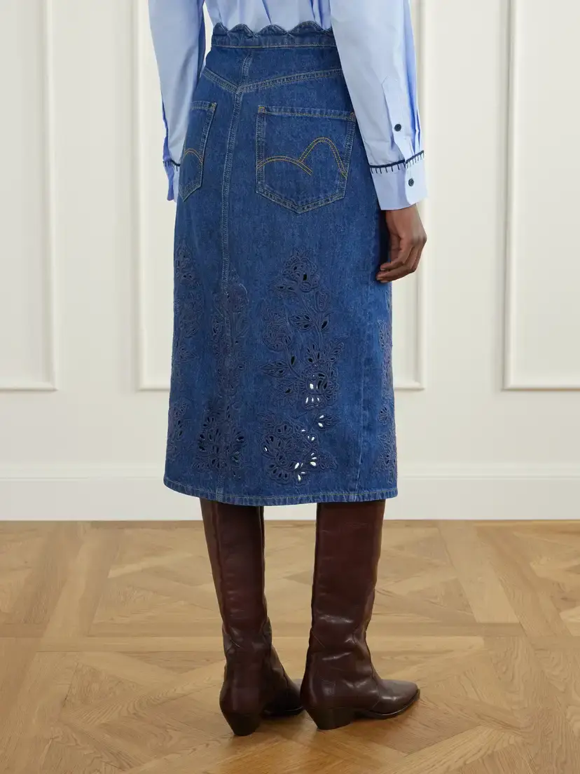 Farm Rio Scalloped Richilieu Denim Midi Skirt | Thumbnail 4 Farm Rio Scalloped Richilieu Denim Midi Skirt | Thumbnail 4