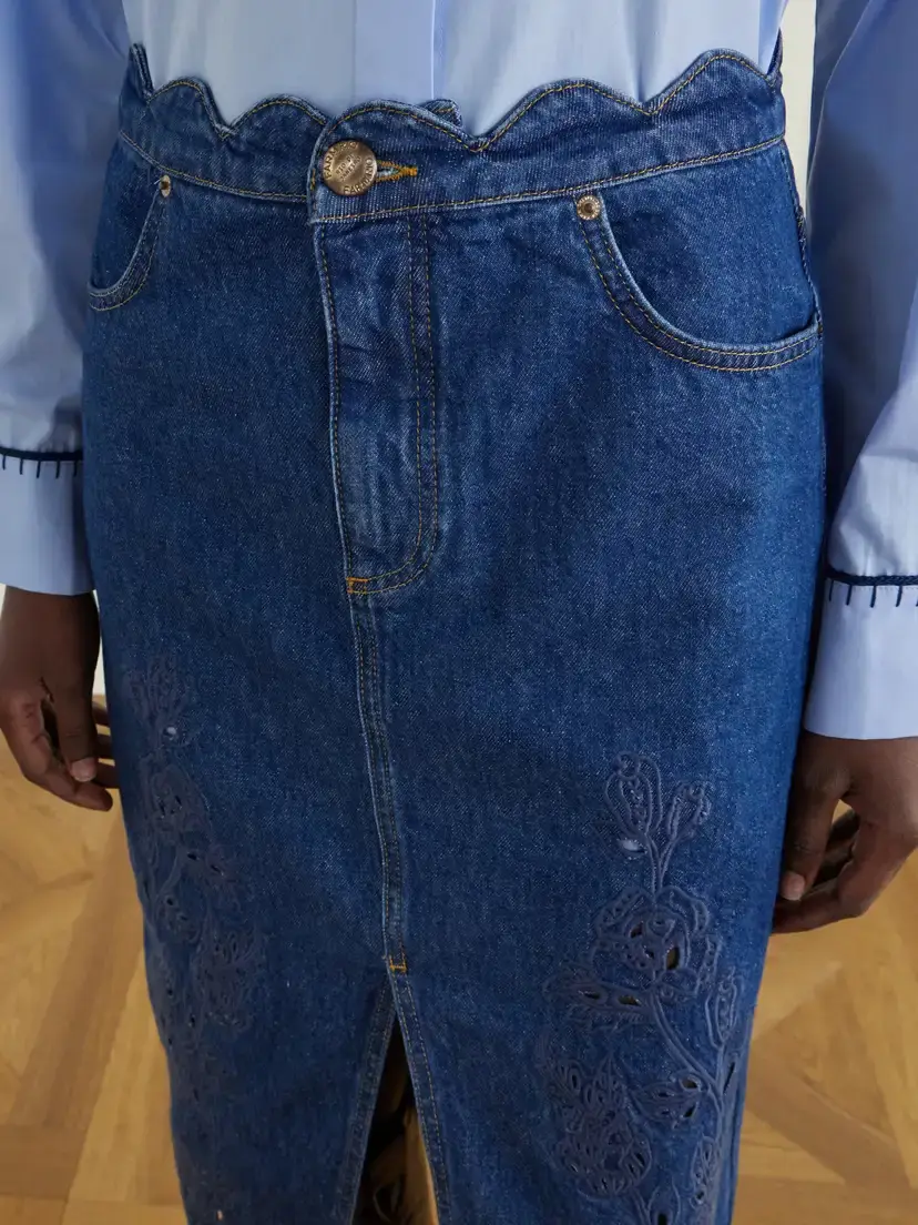 Farm Rio Scalloped Richilieu Denim Midi Skirt | Thumbnail 5 Farm Rio Scalloped Richilieu Denim Midi Skirt | Thumbnail 5
