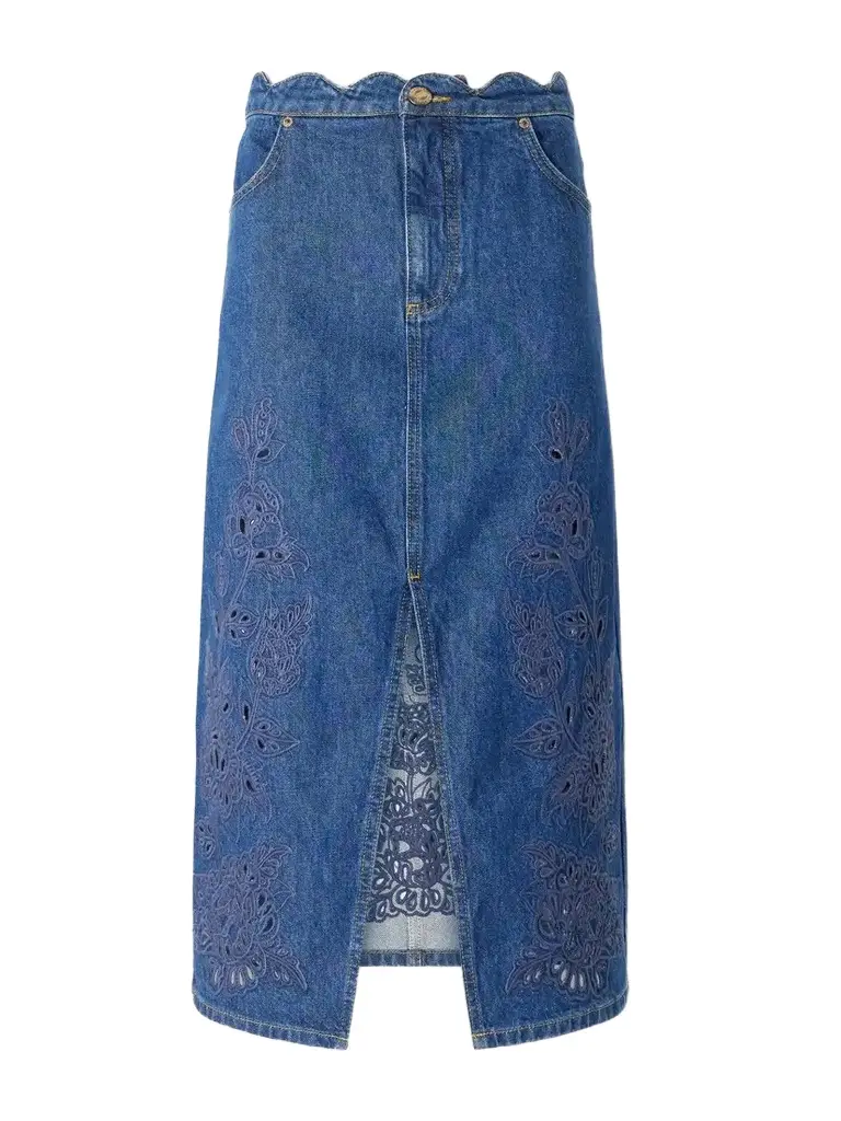 Scalloped Richilieu Denim Midi Skirt Scalloped Richilieu Denim Midi Skirt