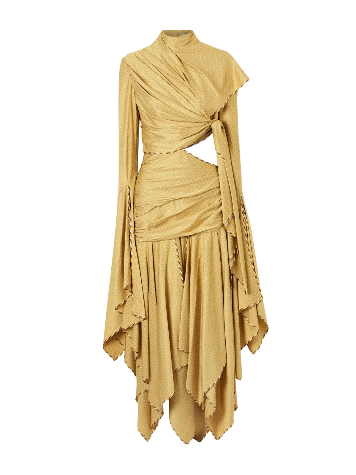 Zimmermann Valiant Asymmetric Knotted Draped Printed Silk-blend Twill Turtleneck Maxi Dress