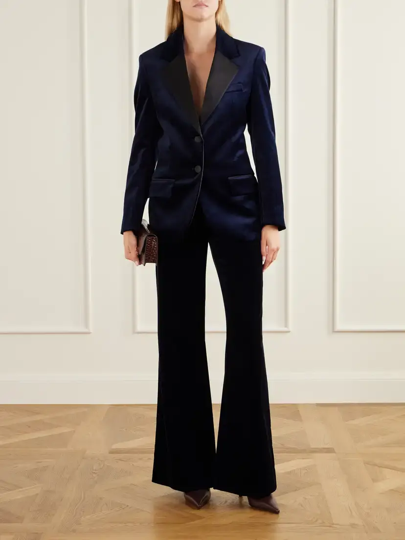 Victoria Beckham Alina Satin-trimmed Cotton-blend Velvet Flared Pants | Thumbnail 2 Victoria Beckham Alina Satin-trimmed Cotton-blend Velvet Flared Pants | Thumbnail 2