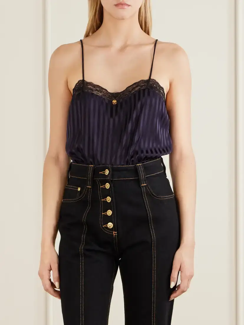 Versace Striped Lace-trimmed Silk-blend Bodysuit | Thumbnail 3